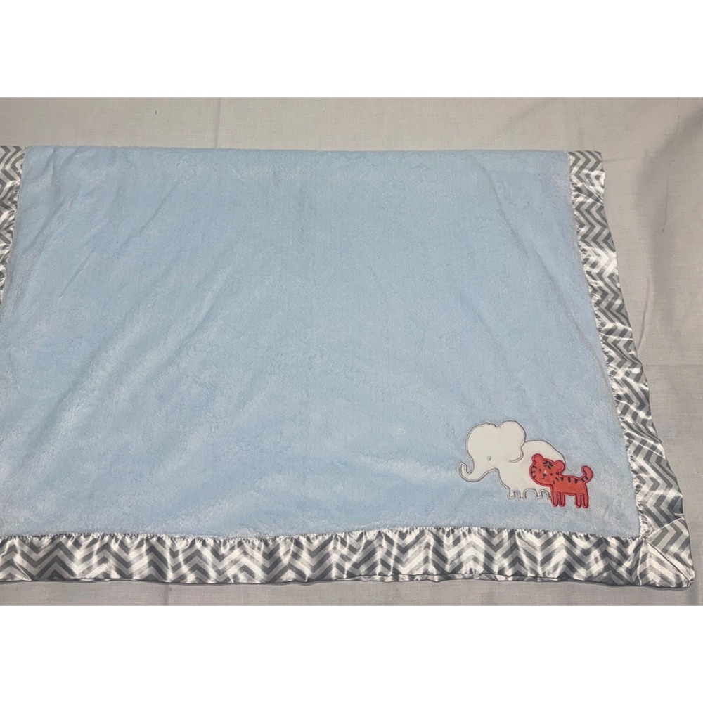 Carters Blue Elephant Tiger Baby Blanket Gray Chevron Satin Trim Just One You